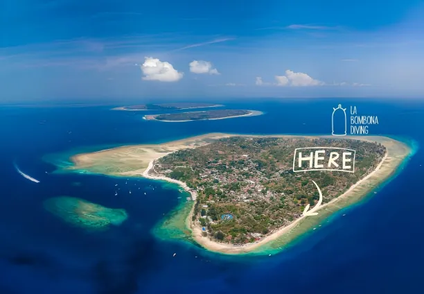 Aerial view of Gili Trawangan with the La Bombona Diving location marked