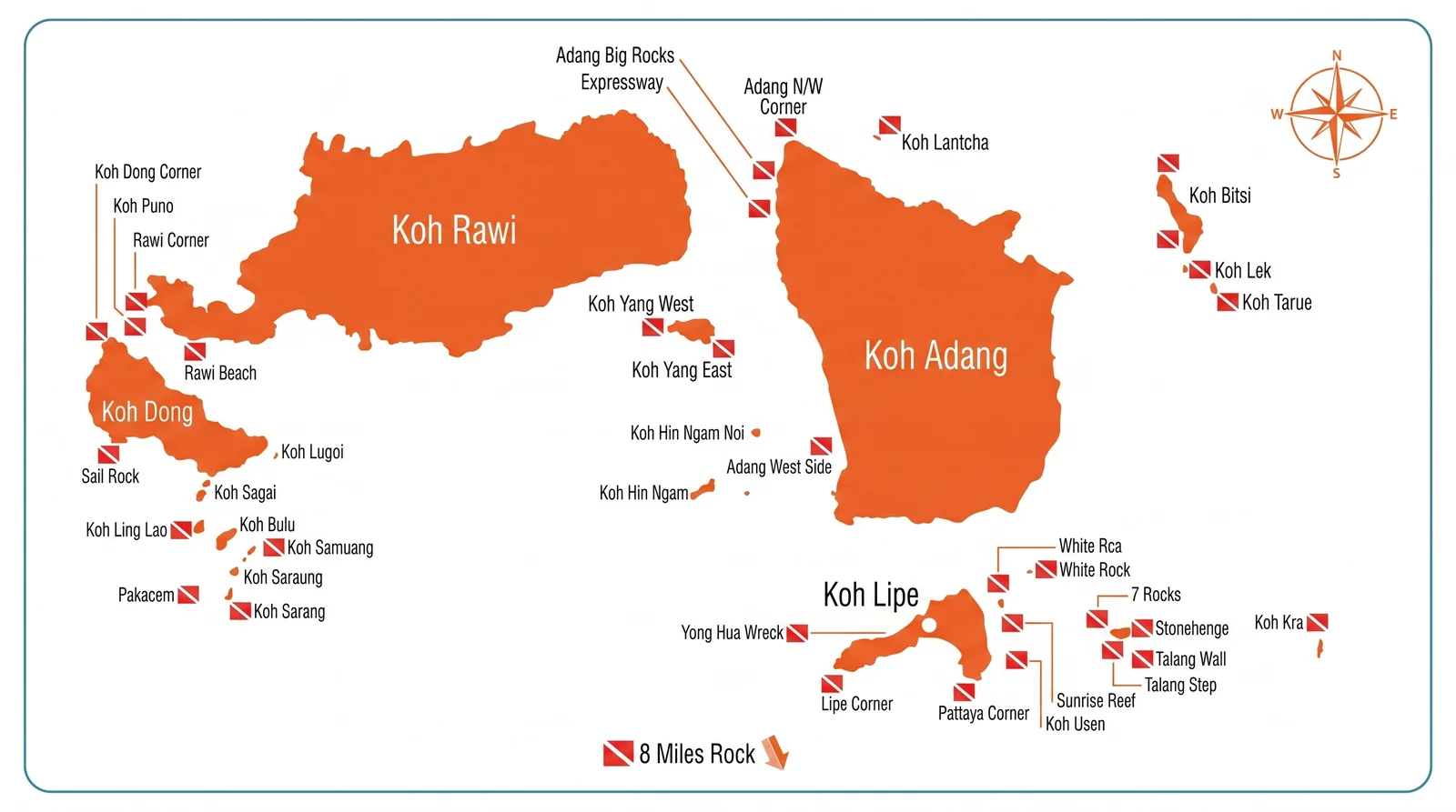 Dive site map of the Koh Lipe archipelago — sites around Koh Adang, Koh Rawi, Koh Dong and Koh Lipe
