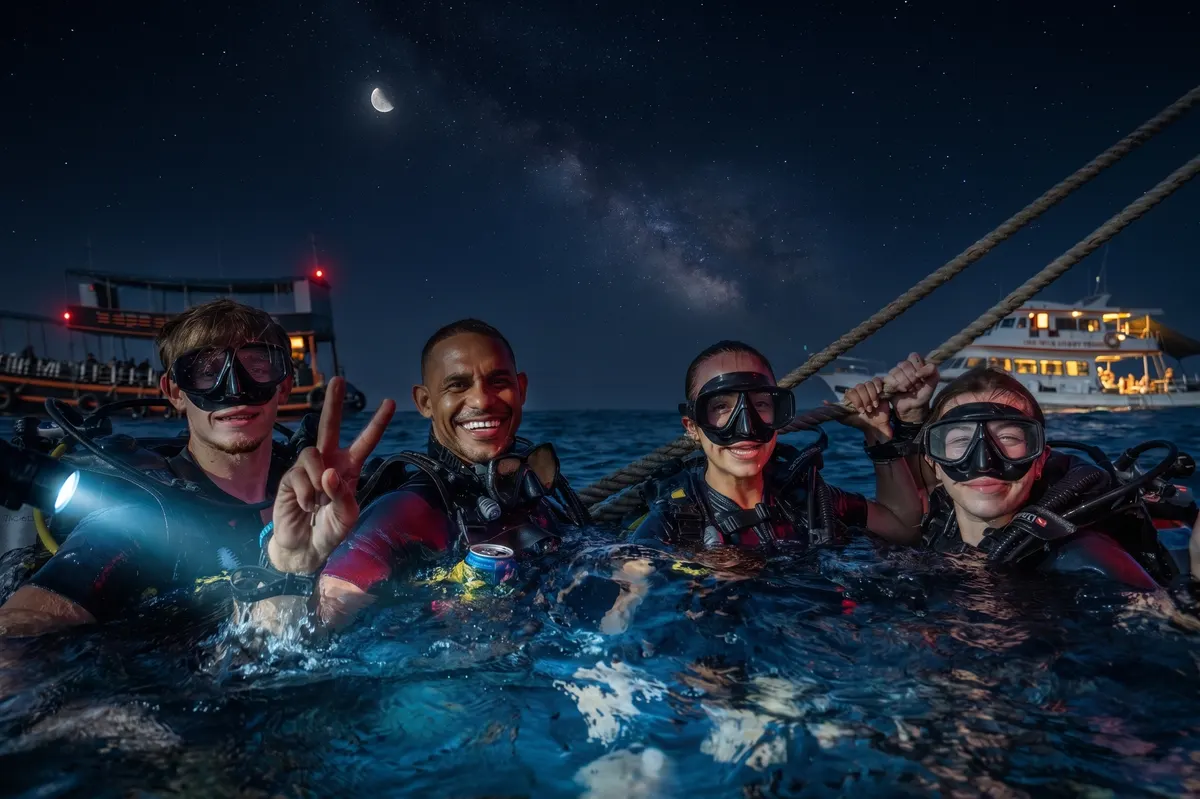 Divers at the surface under the moon and stars after a Koh Lipe night dive