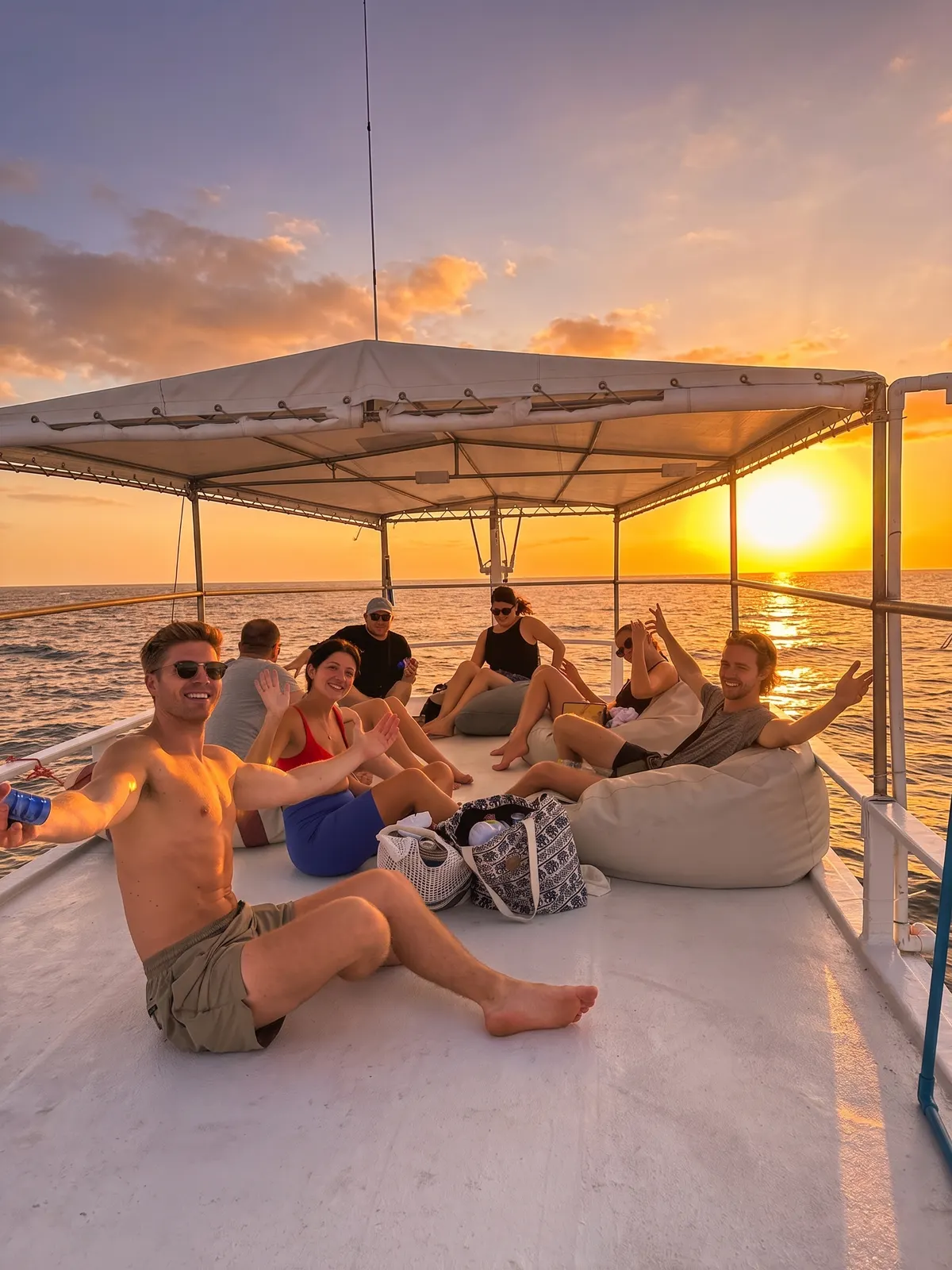 Divers on the boat roof at golden hour off Koh Lipe