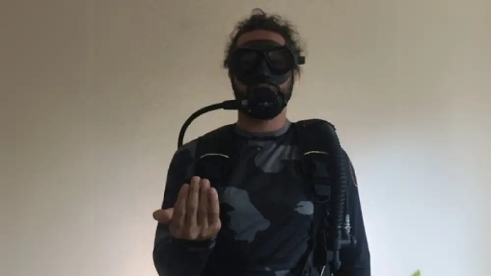 A diver underwater beckoning with their hand to signal come here