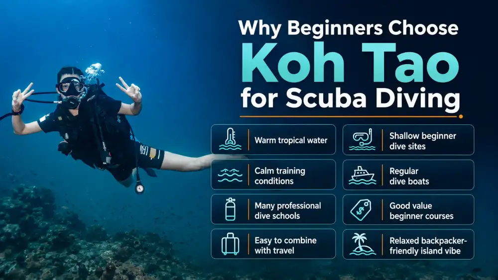 Infographic: why beginners choose Koh Tao for scuba diving — warm water, shallow sites, regular boats and many dive schools