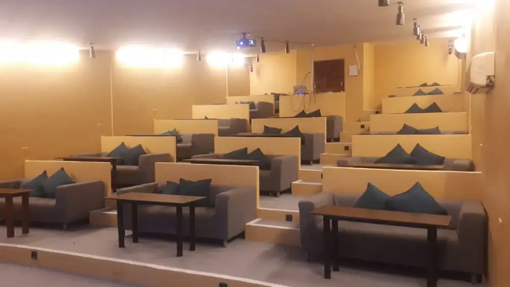 The cinema at The Hacienda, Koh Tao's only movie theatre, with rows of comfortable seats