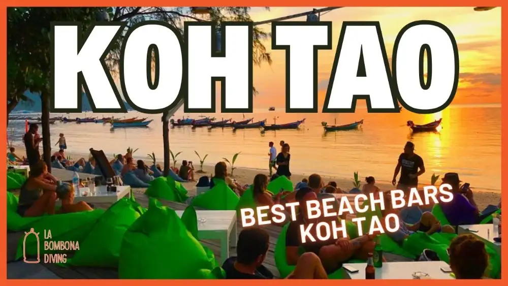 A beach bar on Sairee Beach, Koh Tao, with tables on the sand and the sun setting over the sea