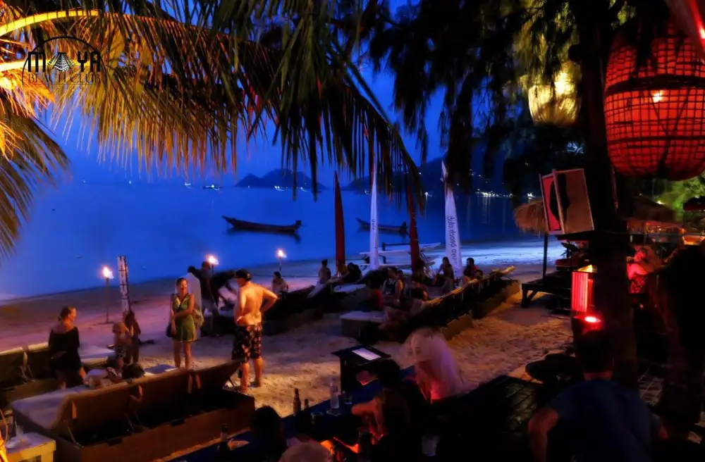 Maya Beach Club on Sairee Beach, Koh Tao — comfortable beachfront seating and the bar under the palms