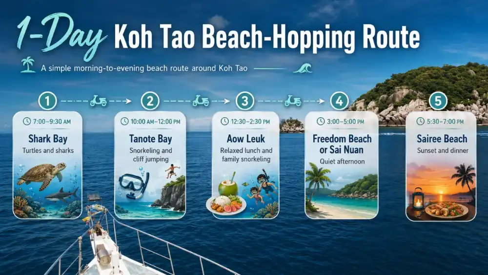 Graphic of a one-day beach-hopping itinerary around Koh Tao, from Shark Bay at dawn to Sairee Beach at sunset