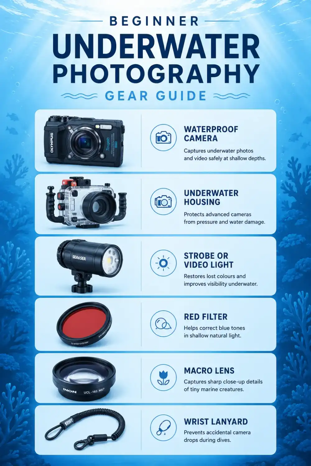 Infographic: beginner underwater photography gear guide — waterproof camera, underwater housing, strobe or video light, red filter, macro lens and wrist lanyard