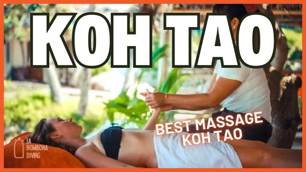 Koh Tao best massage title card over a woman receiving an outdoor massage in a tropical garden