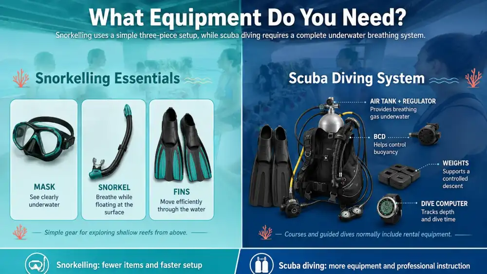 Illustrated graphic: what equipment is needed for scuba diving and snorkelling?