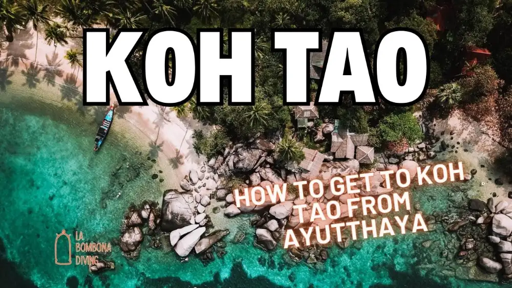 Aerial view of a rocky Koh Tao cove with a longtail boat in turquoise water, overlaid with the title How to get to Koh Tao from Ayutthaya
