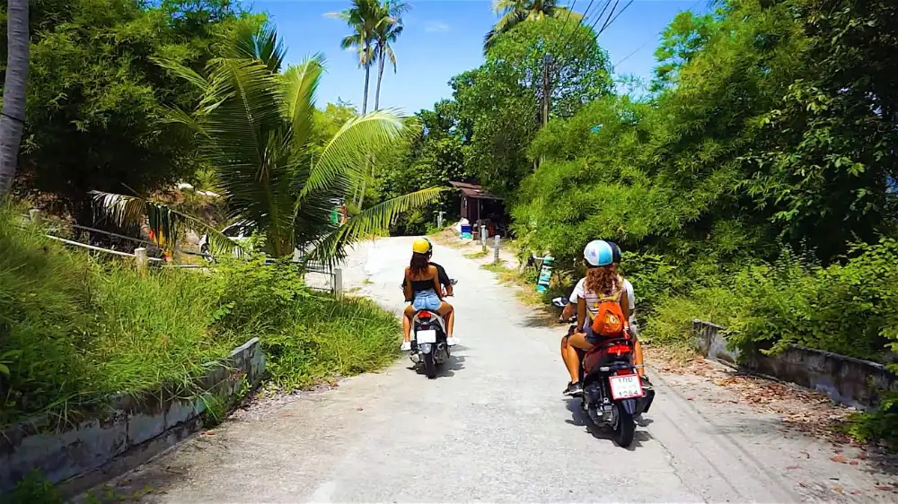 Riders on scooters on a coastal road on Koh Tao