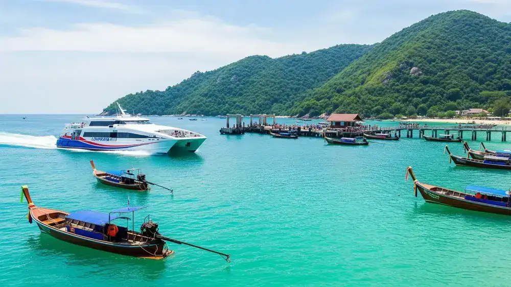 A high-speed catamaran ferry crossing the Gulf of Thailand towards Koh Tao under a blue sky