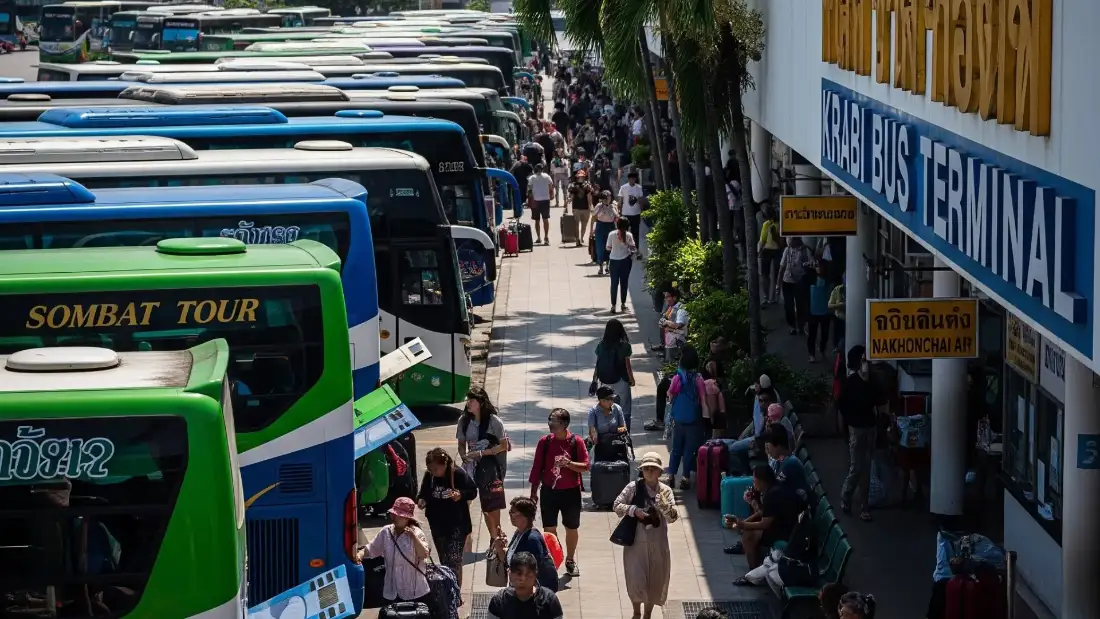 Buses parked at Krabi Bus Terminal, the departure point for the bus to Surat Thani
