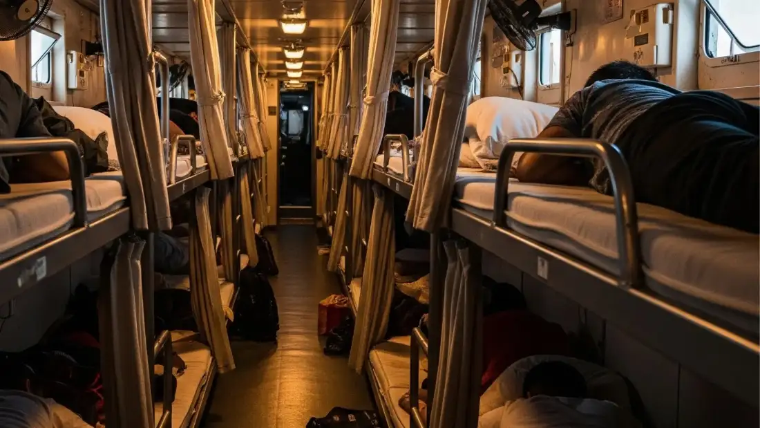 Rows of dormitory-style sleeping berths with mattresses on board an overnight ferry in Thailand