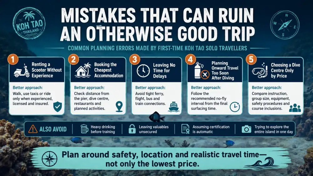 Infographic: common solo travel mistakes to avoid in Koh Tao, from renting a scooter without experience to flying too soon after diving