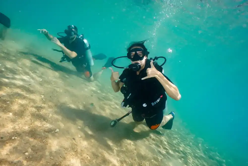 Two beginner scuba divers swimming side by side underwater on their first dive in Koh Tao