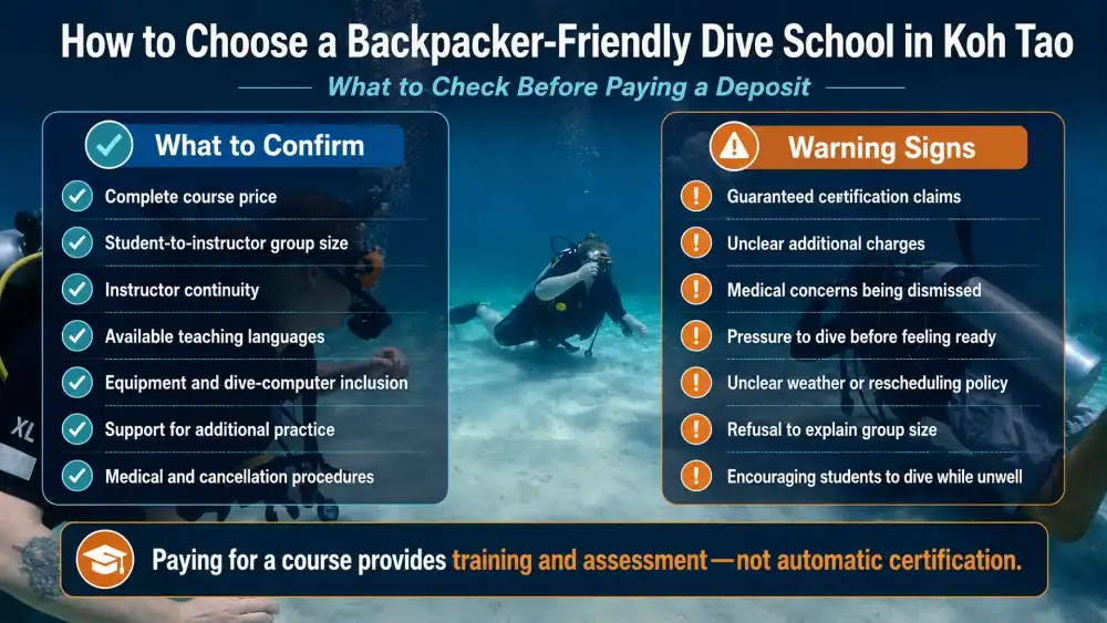 Infographic: how to choose a backpacker-friendly dive school in Koh Tao — questions to ask about price, group size, instructors, equipment and cancellation policy