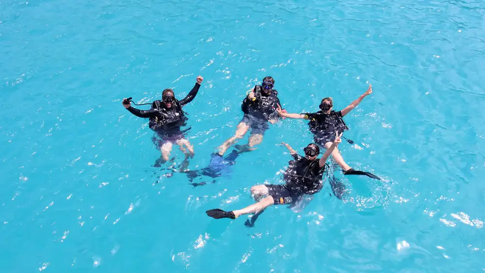 Two scuba divers hovering side by side with good buoyancy above a coral reef, keeping a respectful distance from the marine life