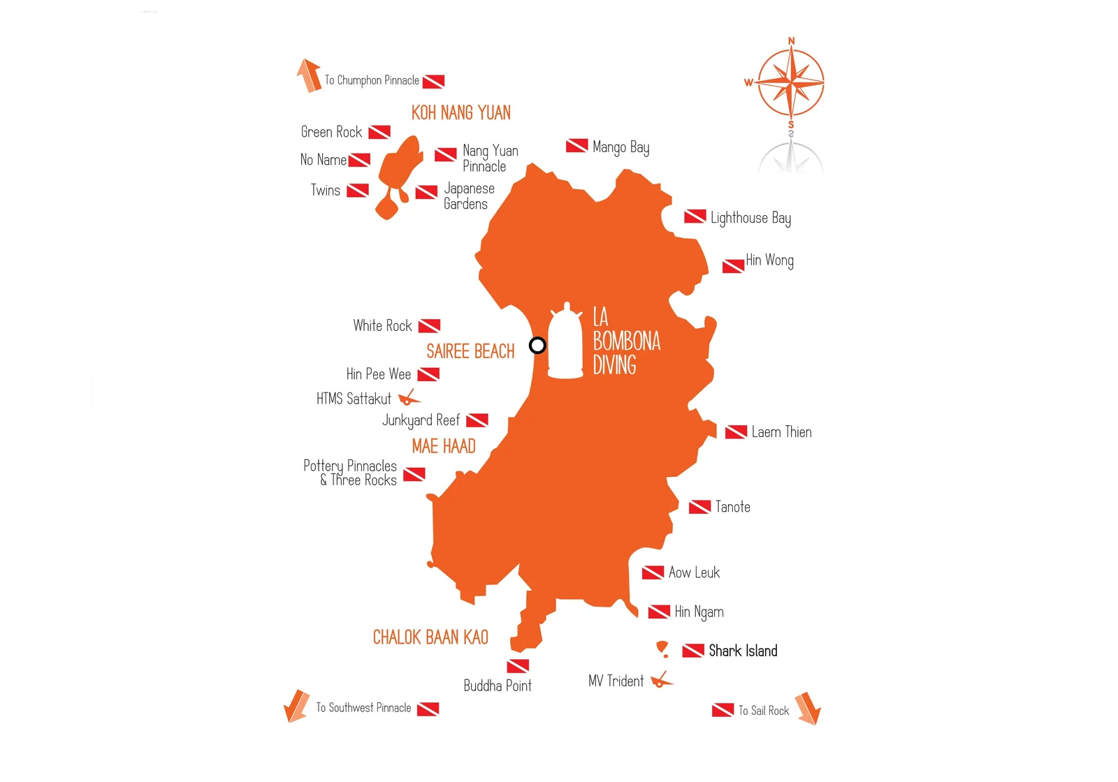 Map of Koh Tao's dive sites, with the La Bombona Diving dive centre marked on Sairee Beach