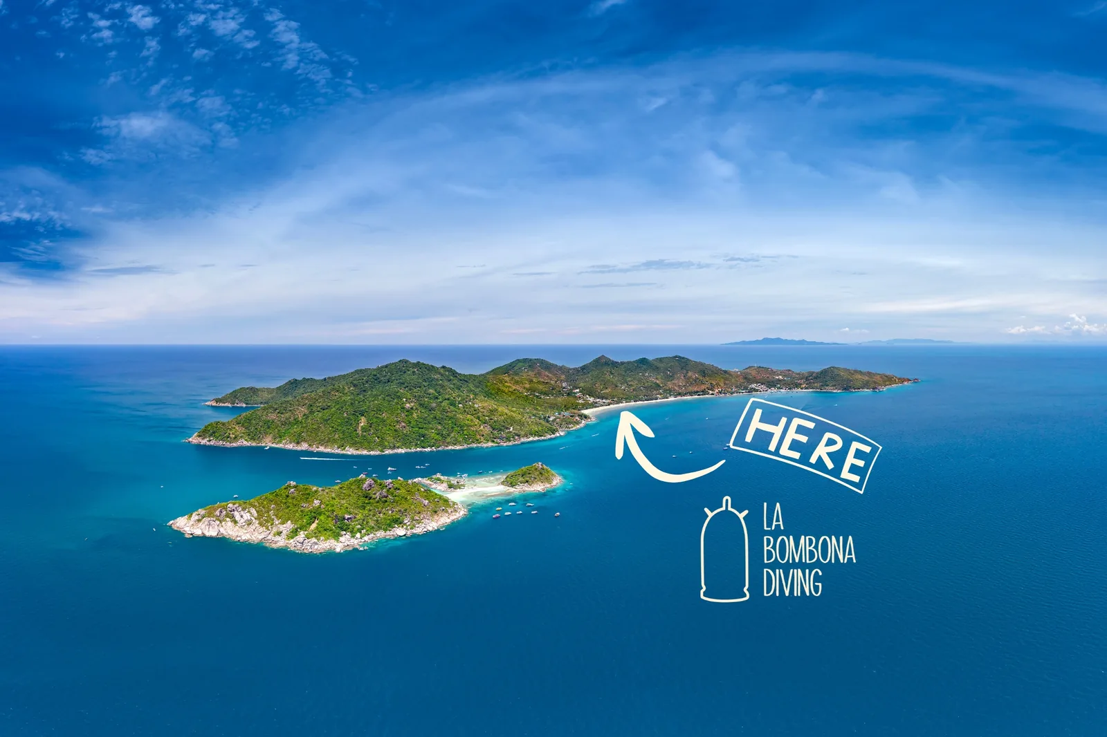 Aerial view of Koh Tao with the La Bombona Diving location marked